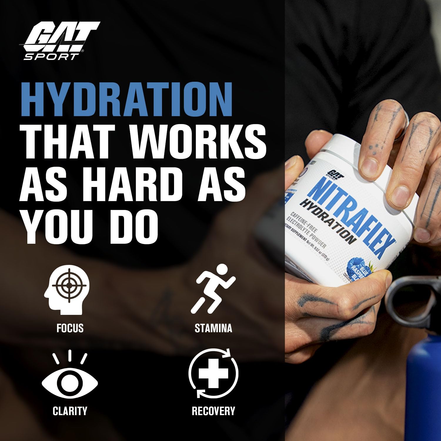 GAT SPORT Nitraflex Hydration scoop demonstrates easy portioning for consistent workouts.