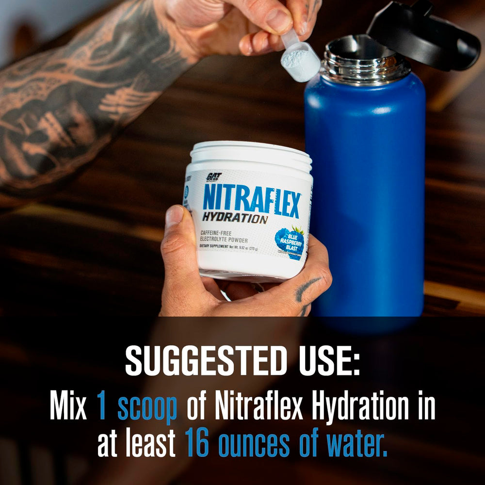 Nitraflex Hydration serve poured conveys refreshing blue raspberry flavor during training.