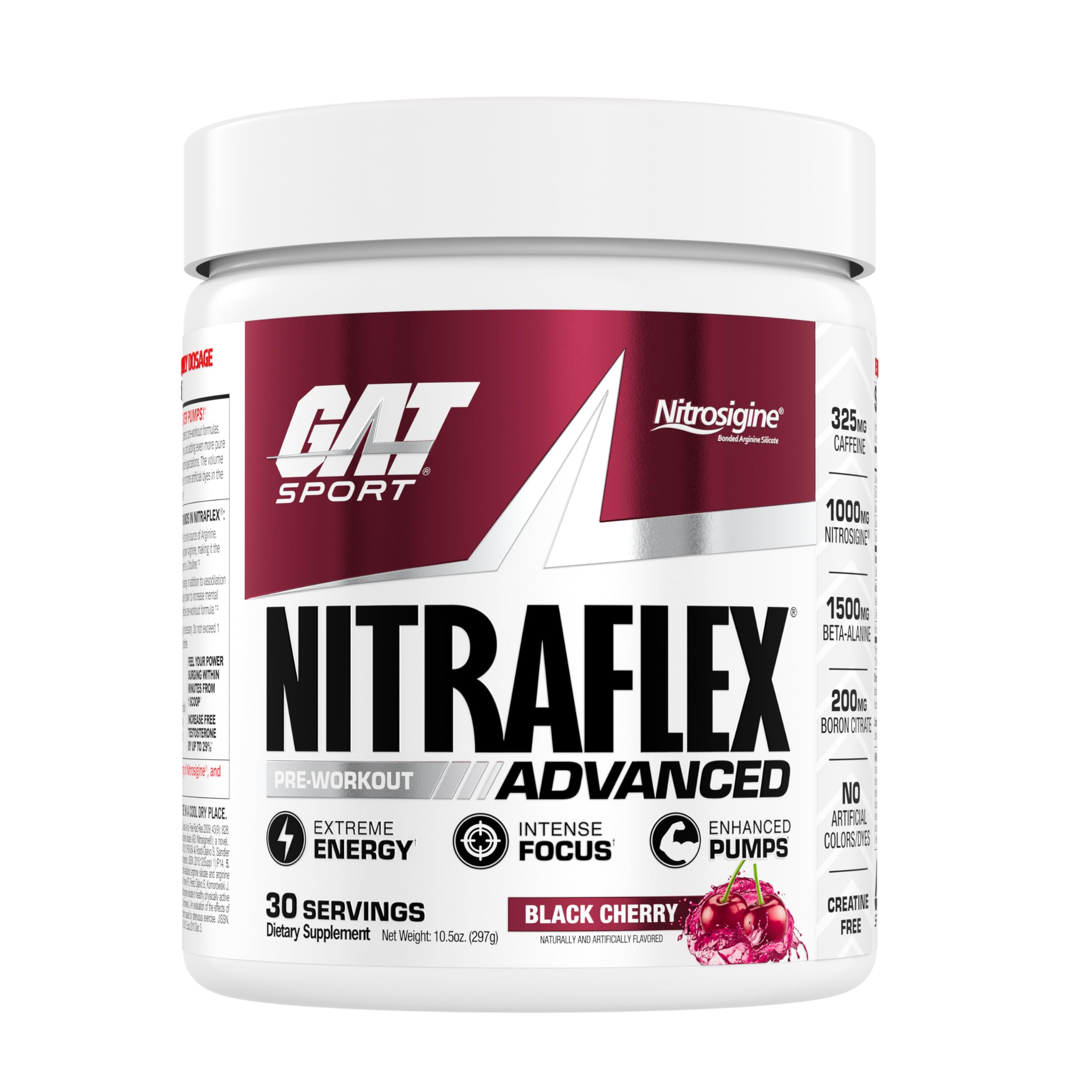 GAT SPORT Nitraflex tub front label for pre-workout vitality