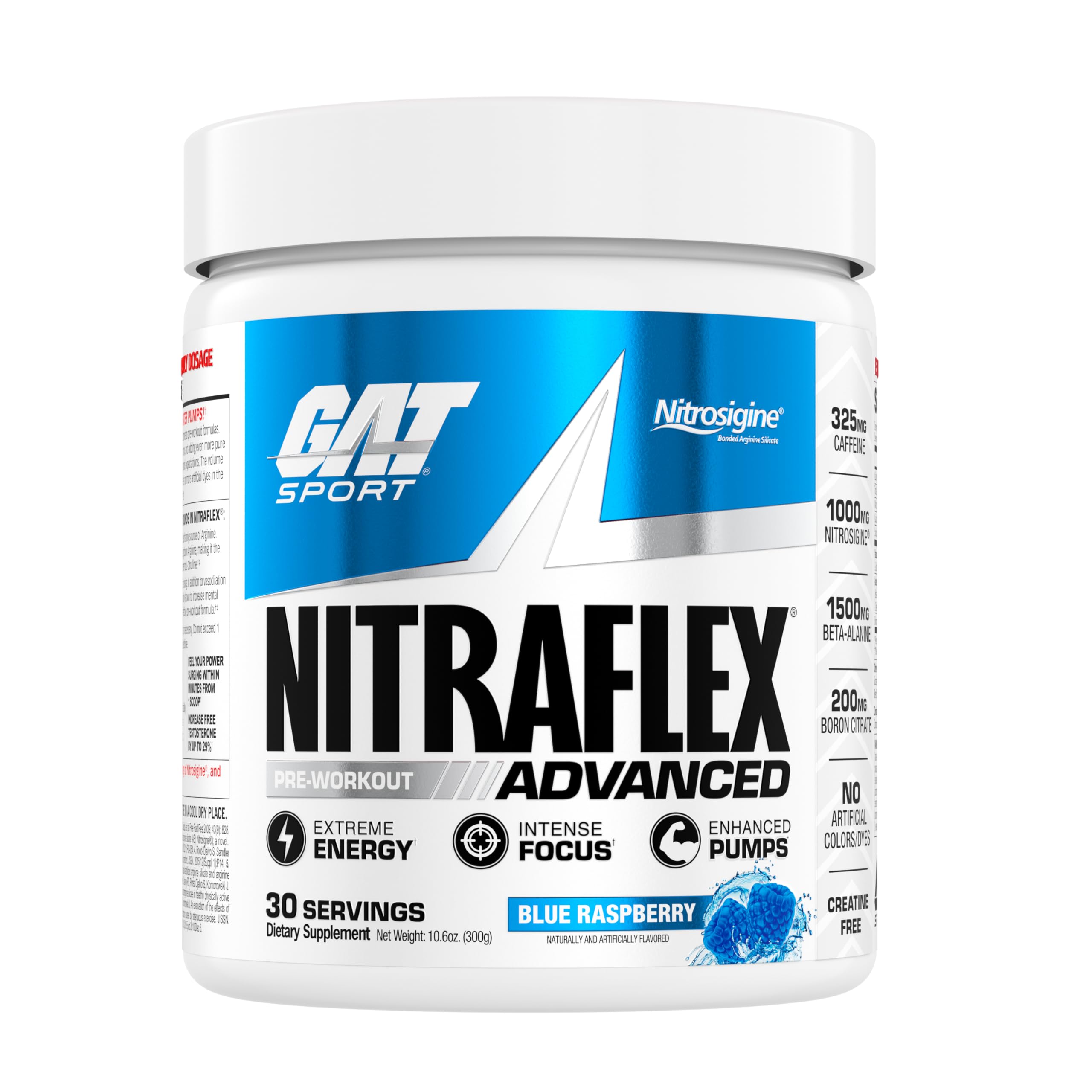 GAT SPORT Nitraflex tub front label in blue raspberry flavor for energy and focus