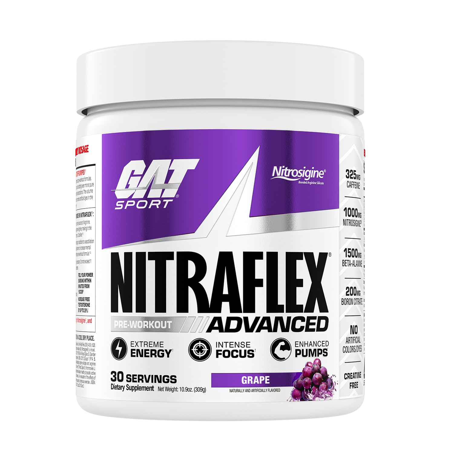GAT SPORT Nitraflex tub label showing ingredients for enhanced pre-workout pumps