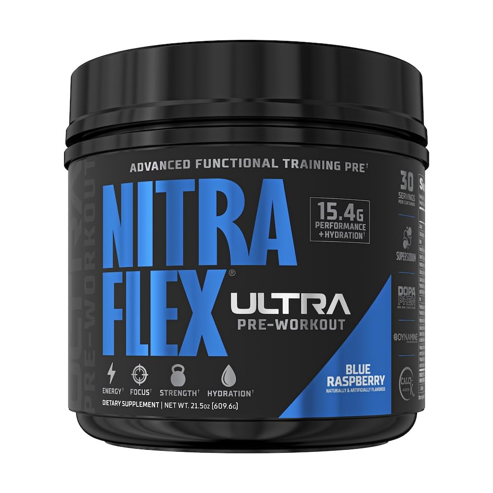 GAT SPORT Nitraflex Ultra blue raspberry bottle ready for energizing workouts