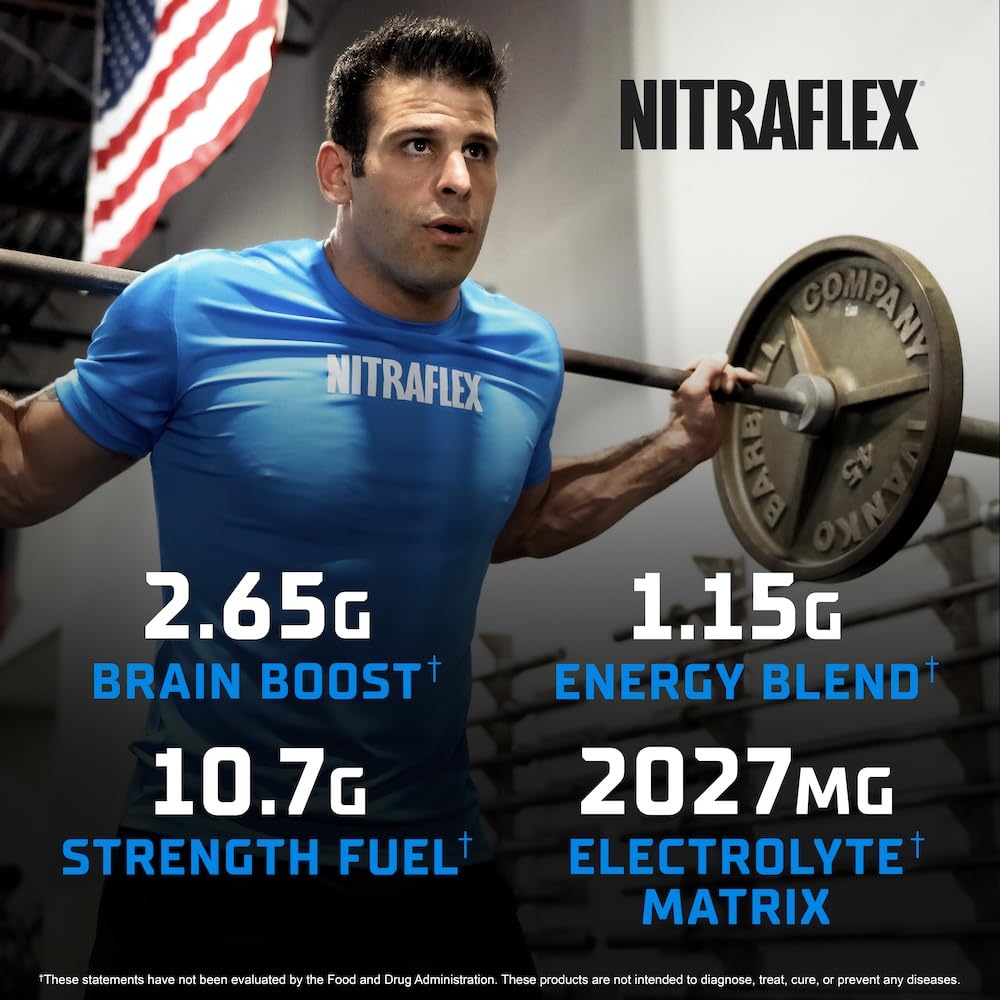 GAT SPORT Nitraflex Ultra bottle pouring suggests sustained energy.