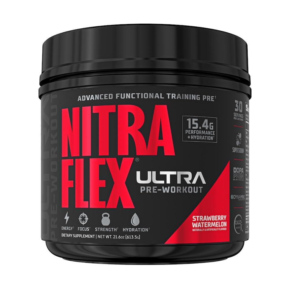 GAT SPORT Nitraflex Ultra tub label highlights a powerful pre-workout formula.