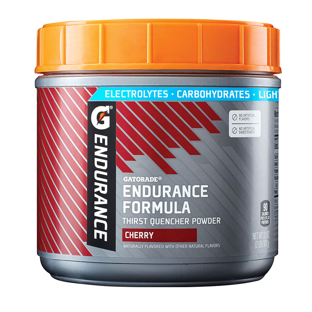 Gatorade Endurance Formula Powder Cherry tub highlights high electrolytes for extended workouts.