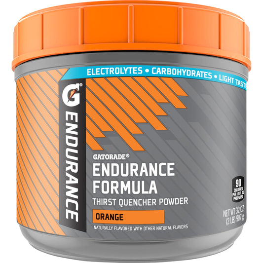 Gatorade Endurance Formula orange powder in a tub, ready for long training sessions.