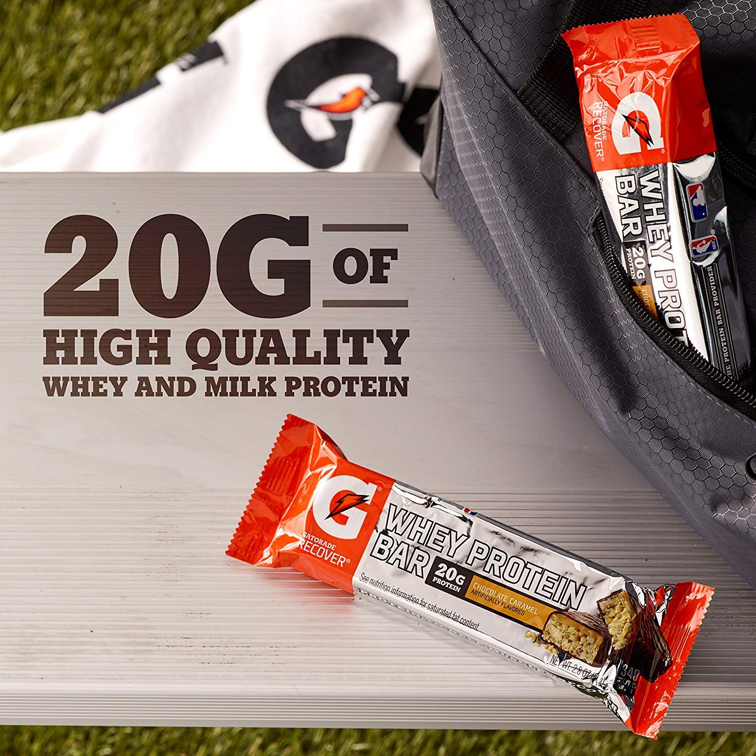 Box of 12 Gatorade Whey Protein Recover Bars in chocolate caramel flavor