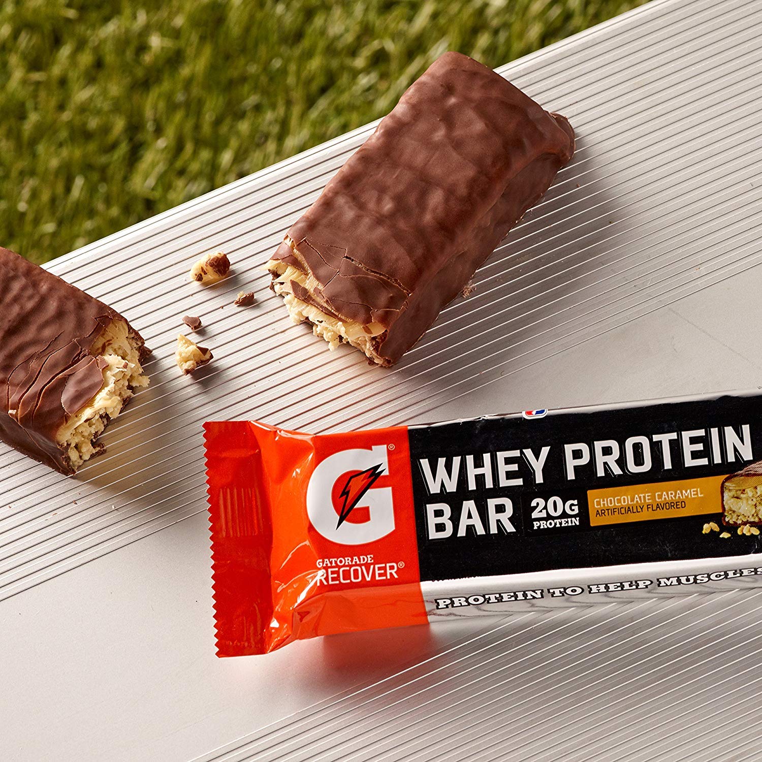 Single chocolate caramel Gatorade Recover Bar showcasing protein punch for post-workout fueling