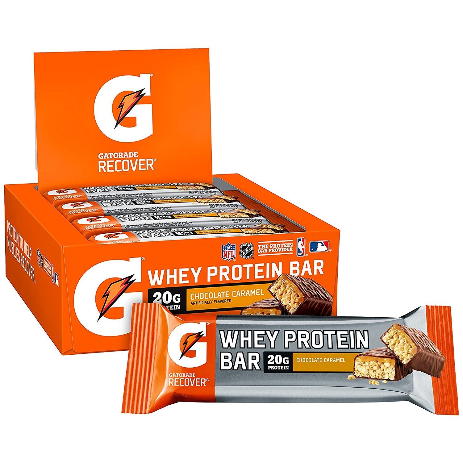 Gatorade Whey Protein Recover Bars chocolate caramel box on display for on-the-go fueling