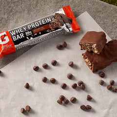 Closeup of chocolate chip texture and whey-casein protein blend.
