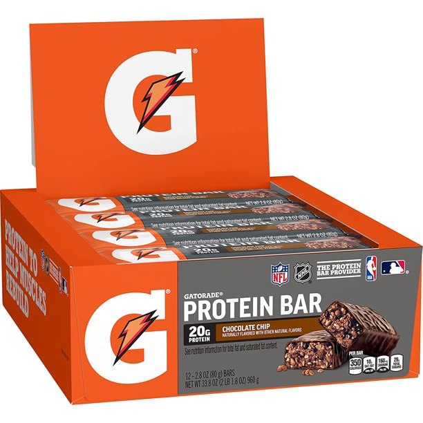 Gatorade Whey Protein Recover Bars chocolate chip front view with 12-pack for on-the-go energy.