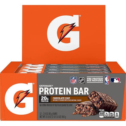 Pack shot of Gatorade Whey Protein Recover Bars chocolate chip highlighting convenient training fuel.