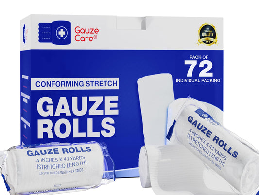 Gauze Care rolls 72-pack shown, securing dressings with breathable stretch.