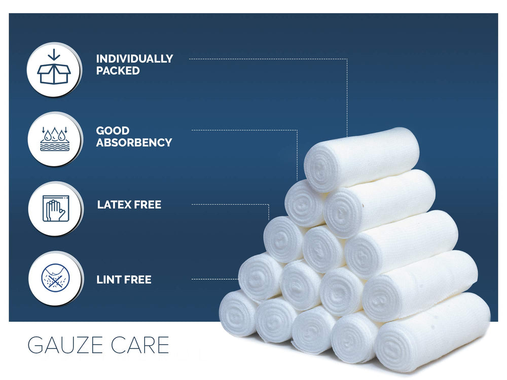 Gauze Care stretch-bandage 4x4 demonstrates conforming support.