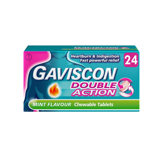 Gaviscon Doble Acción Tabletas Menta en empaque, alivio rápido del ardor estomacal.