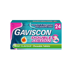 Gaviscon Doble Acción Tabletas Menta en empaque, alivio rápido del ardor estomacal.