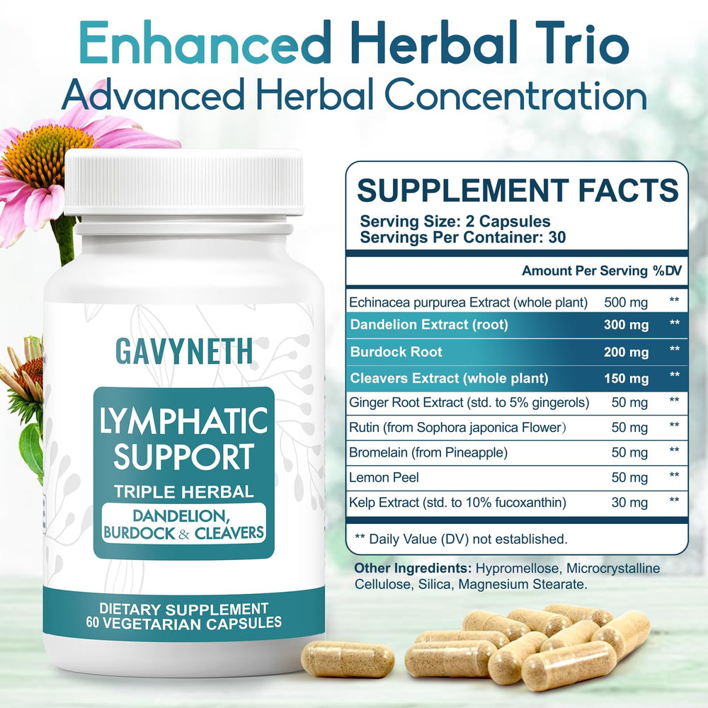 GAVYNETH Lymphatic Drainage capsules close-up highlights vegan formula in convenient soft shells.