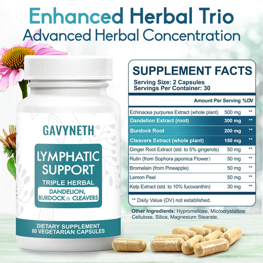 GAVYNETH Lymphatic Drainage capsules close-up highlights vegan formula in convenient soft shells.
