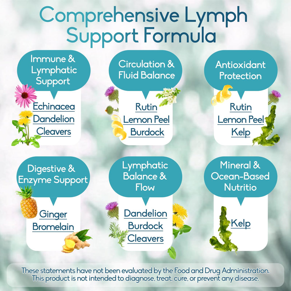 GAVYNETH Lymphatic Drainage ingredients graphic emphasizes dandelion, burdock, echinacea blend.