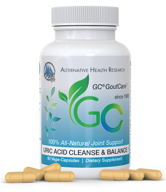 GC GoutCare bottle front with 90 capsules for uric acid support