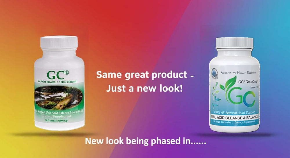 GC GoutCare bottle side view highlighting Non-GMO US-made formulation