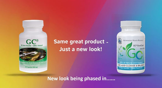 GC GoutCare bottle side view highlighting Non-GMO US-made formulation