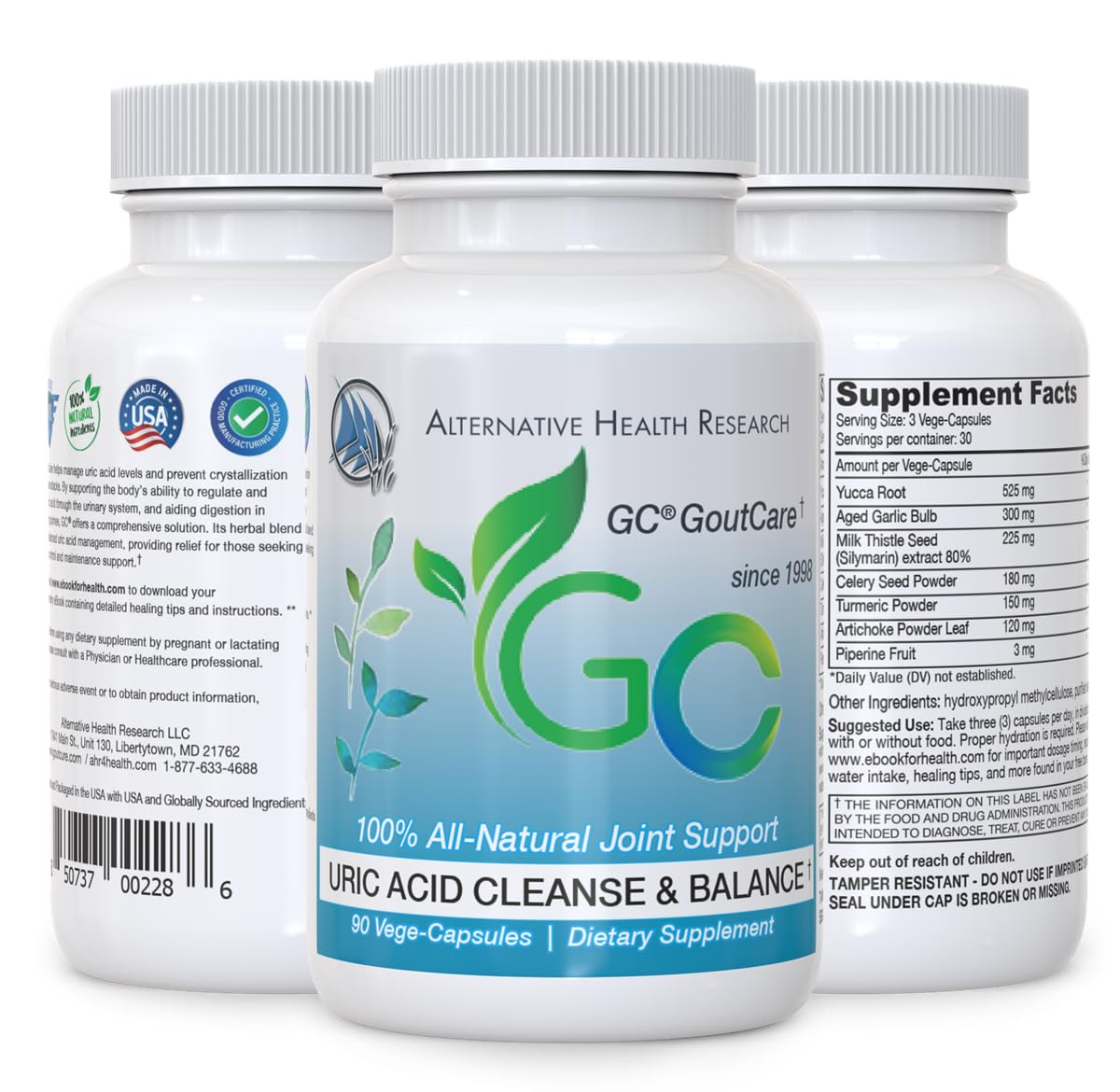 GC GoutCare label close-up featuring turmeric and celery seed ingredients