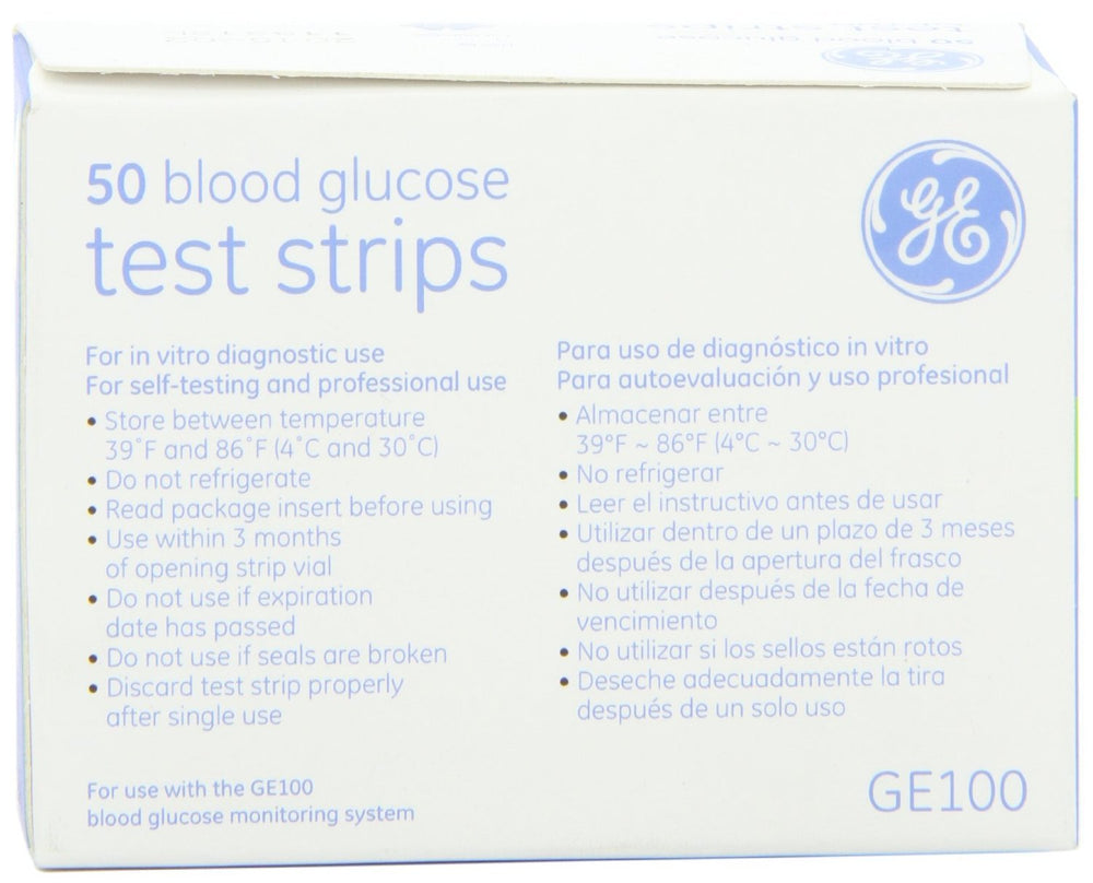 GE100 strips close-up; small blood sample enables easy testing