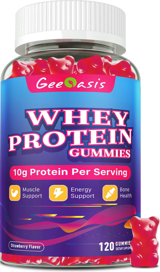 Geeoasis Whey Protein Gummies bottle with 120 strawberry chews for daily use.