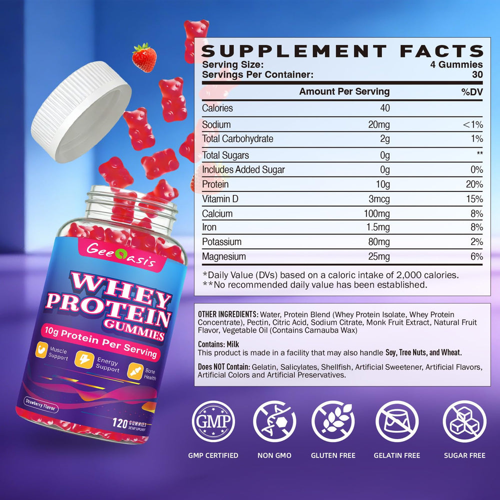Geeoasis Whey Protein Gummies four-gummy serving highlights easy protein boost.