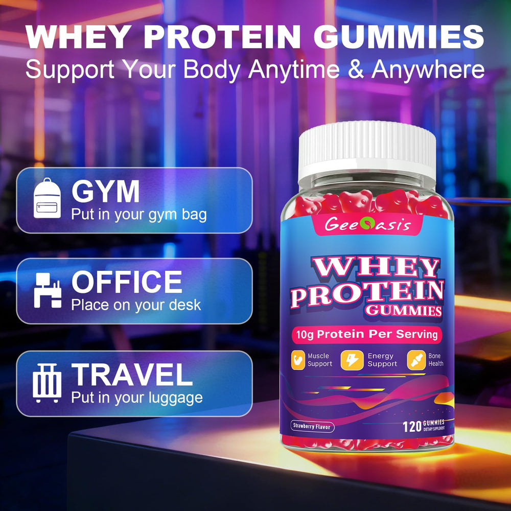 Geeoasis Whey Protein Gummies sugar-free label indicating monk fruit sweetness.