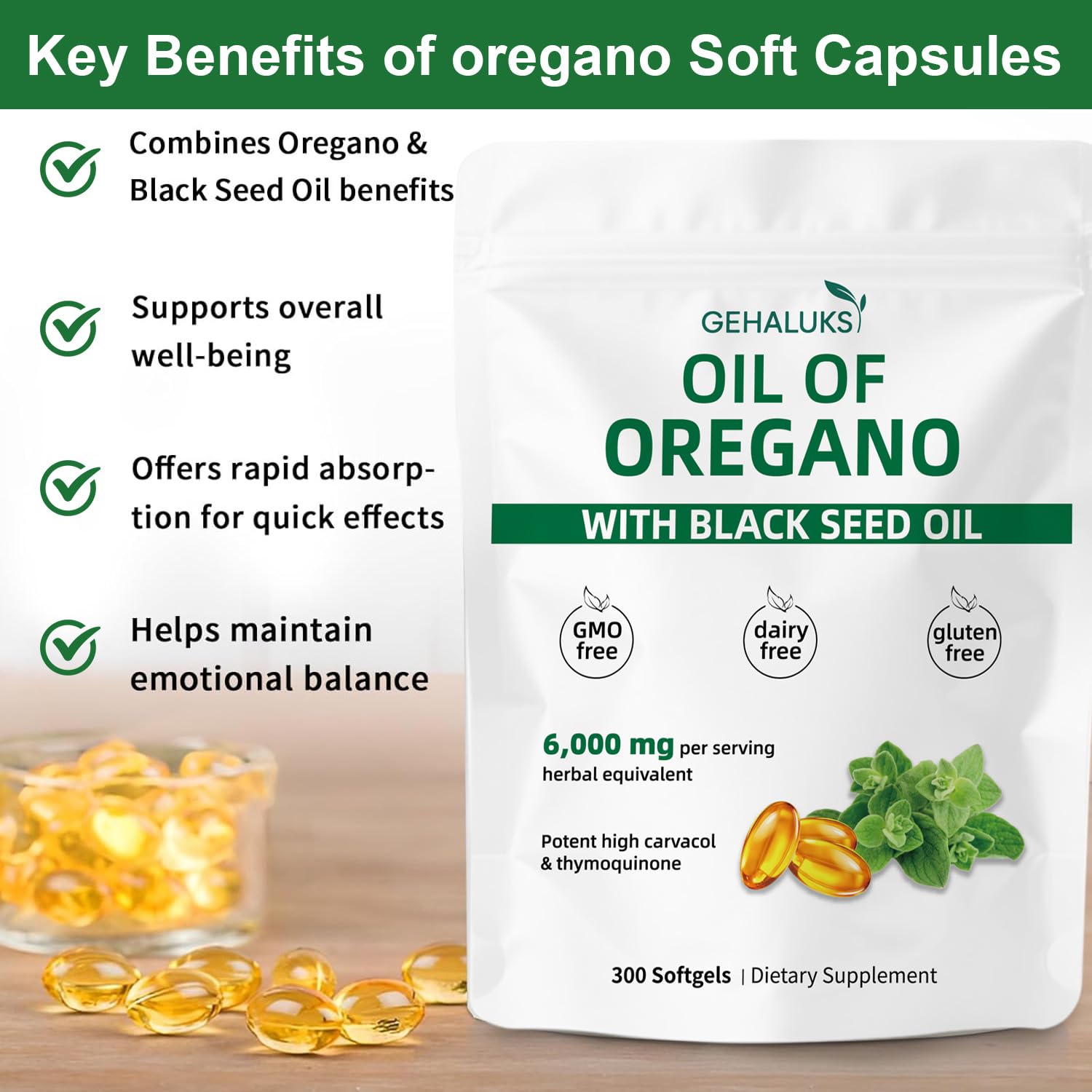 GEHALUKS dual-ingredient formula oregano oil and black seed oil in softgels