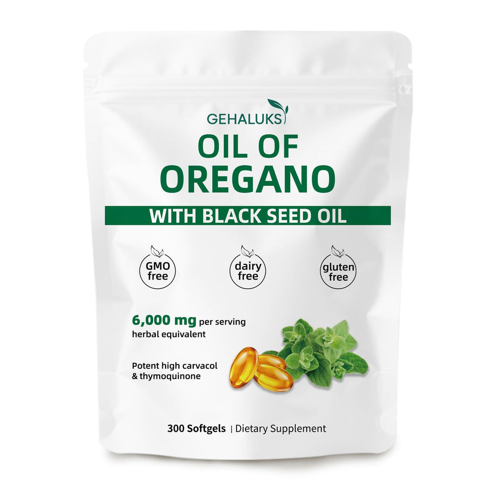 GEHALUKS oil of oregano with black seed softgels bottle showing dual-ingredient formula for seasonal support