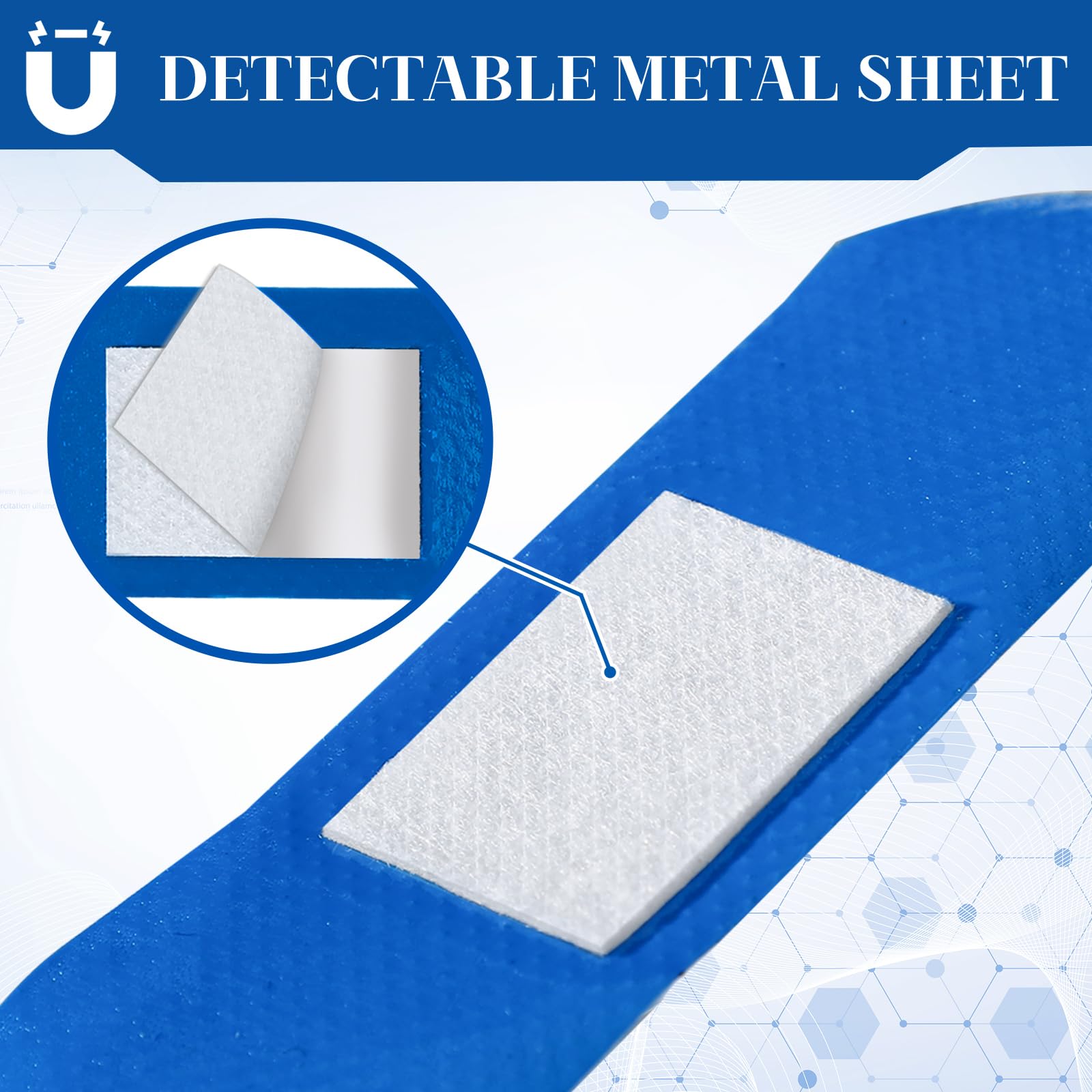 Geiserailie blue 3x1-inch bandage with non-stick pad on wound area.