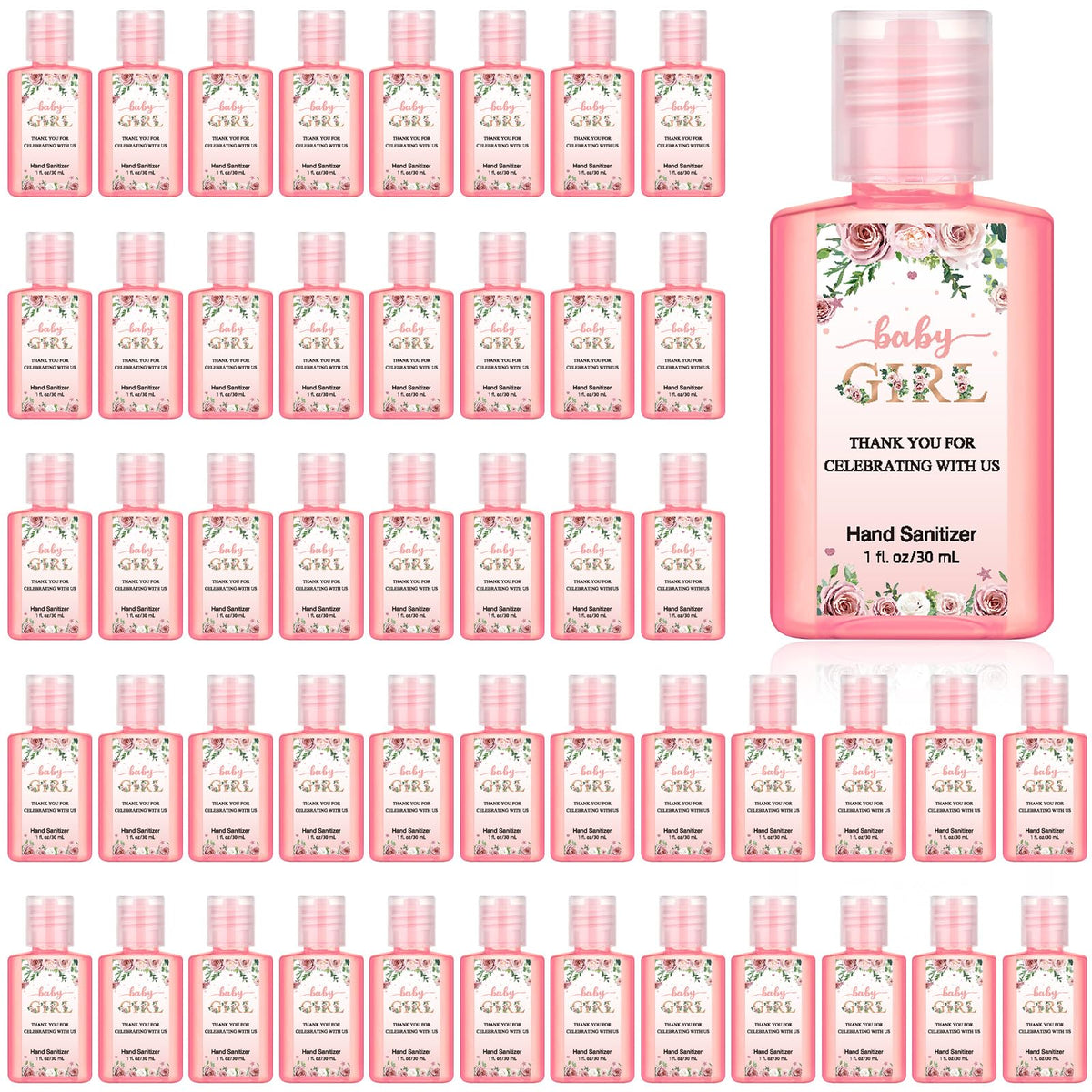 Gejoy baby shower hand sanitizer with pink flowers sticker design for elegant guest favors