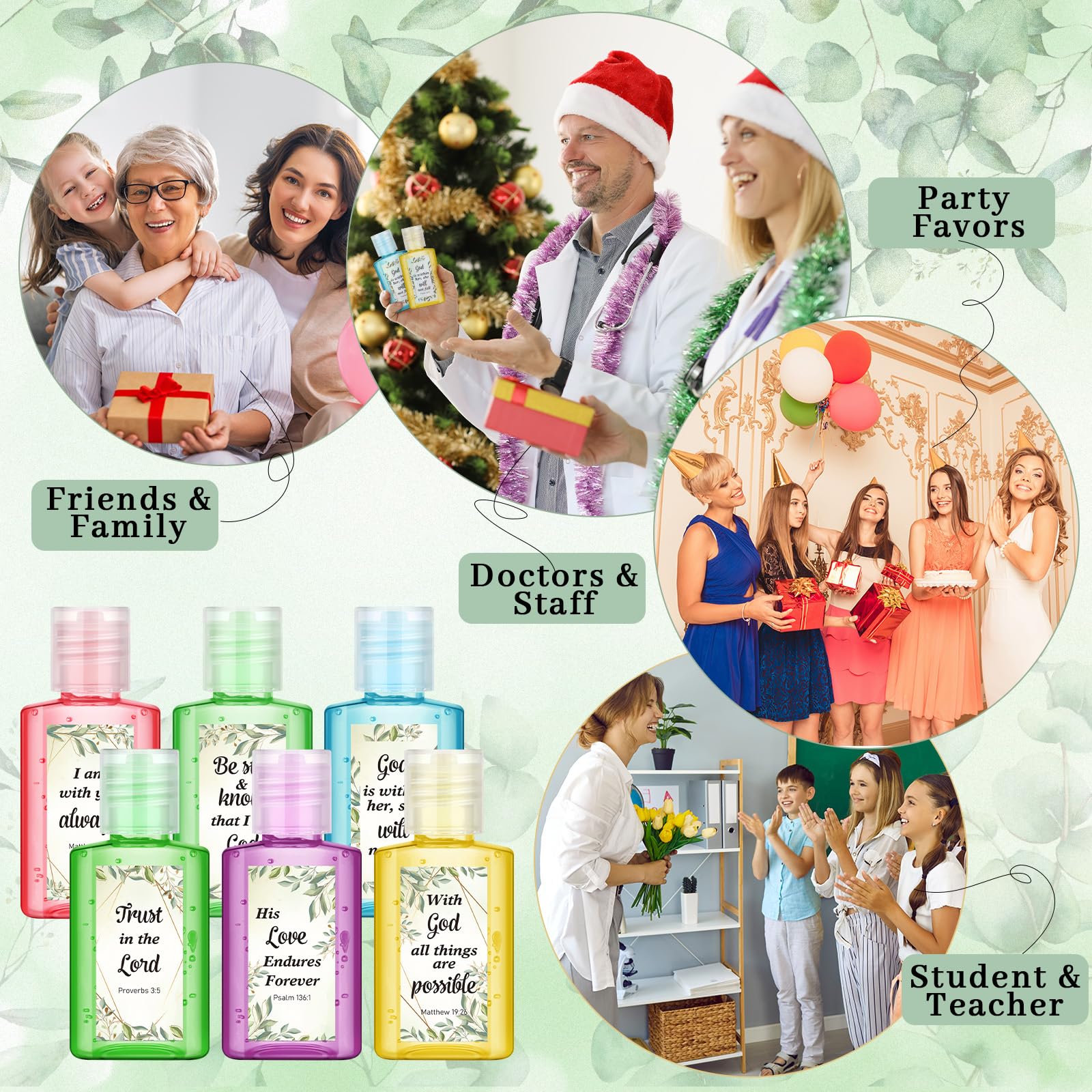 Gejoy travel-size 1 oz hand sanitizer with Bible verse and eucalyptus pattern