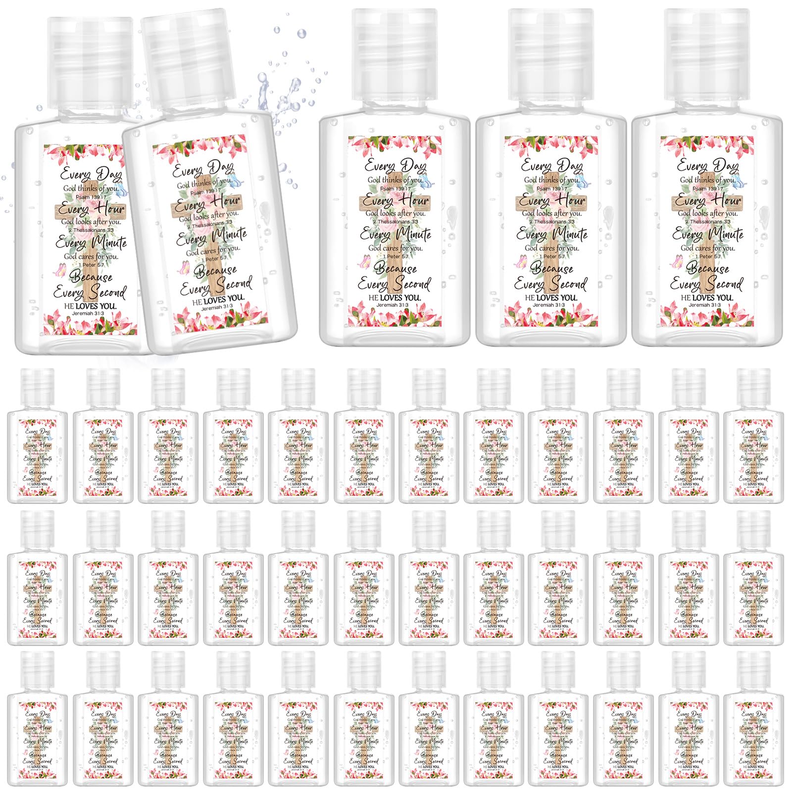 Gejoy Christian hand sanitizer with flower pattern, 1 oz, ideal for church events.