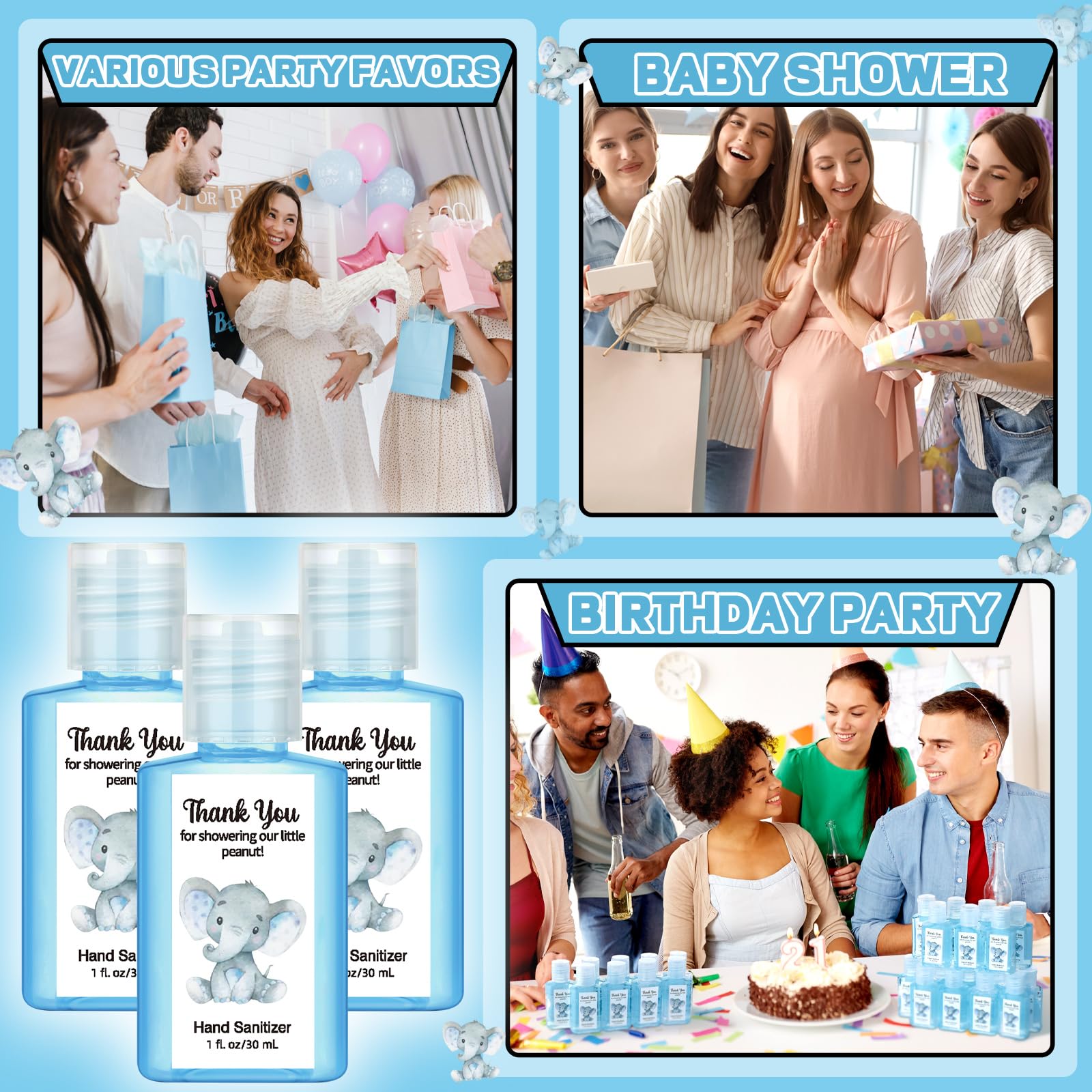 Blue elephant Gejoy sanitizer design adds charm to party favors