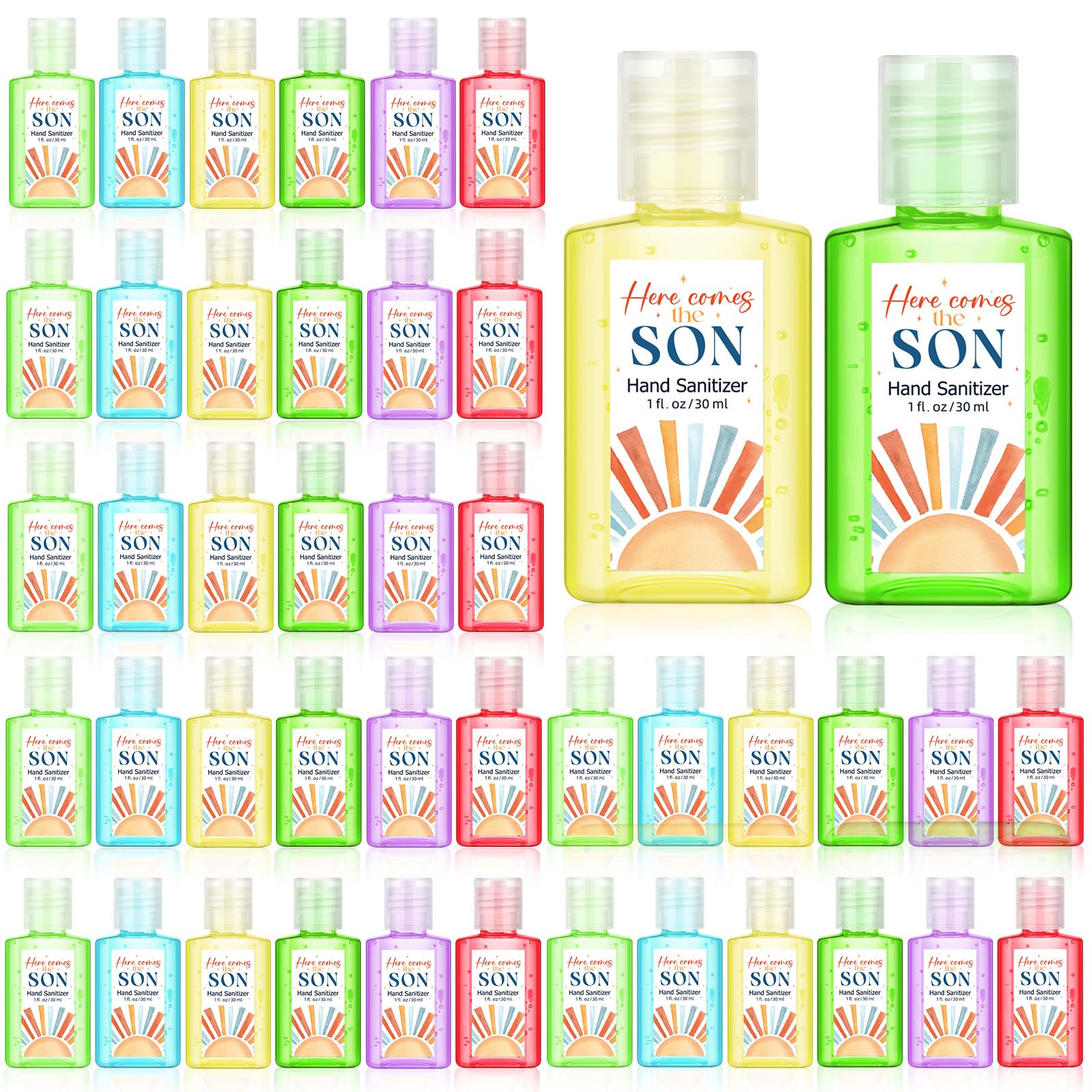Gejoy Here Comes the Son sanitizer with sunshine pattern bottle adds festive touch to baby showers.