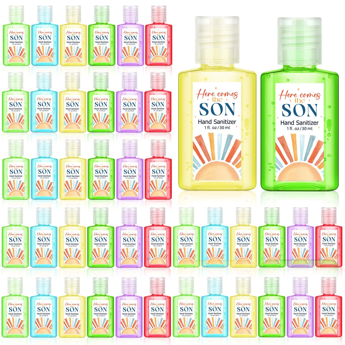 Gejoy Here Comes the Son sanitizer with sunshine pattern bottle adds festive touch to baby showers.