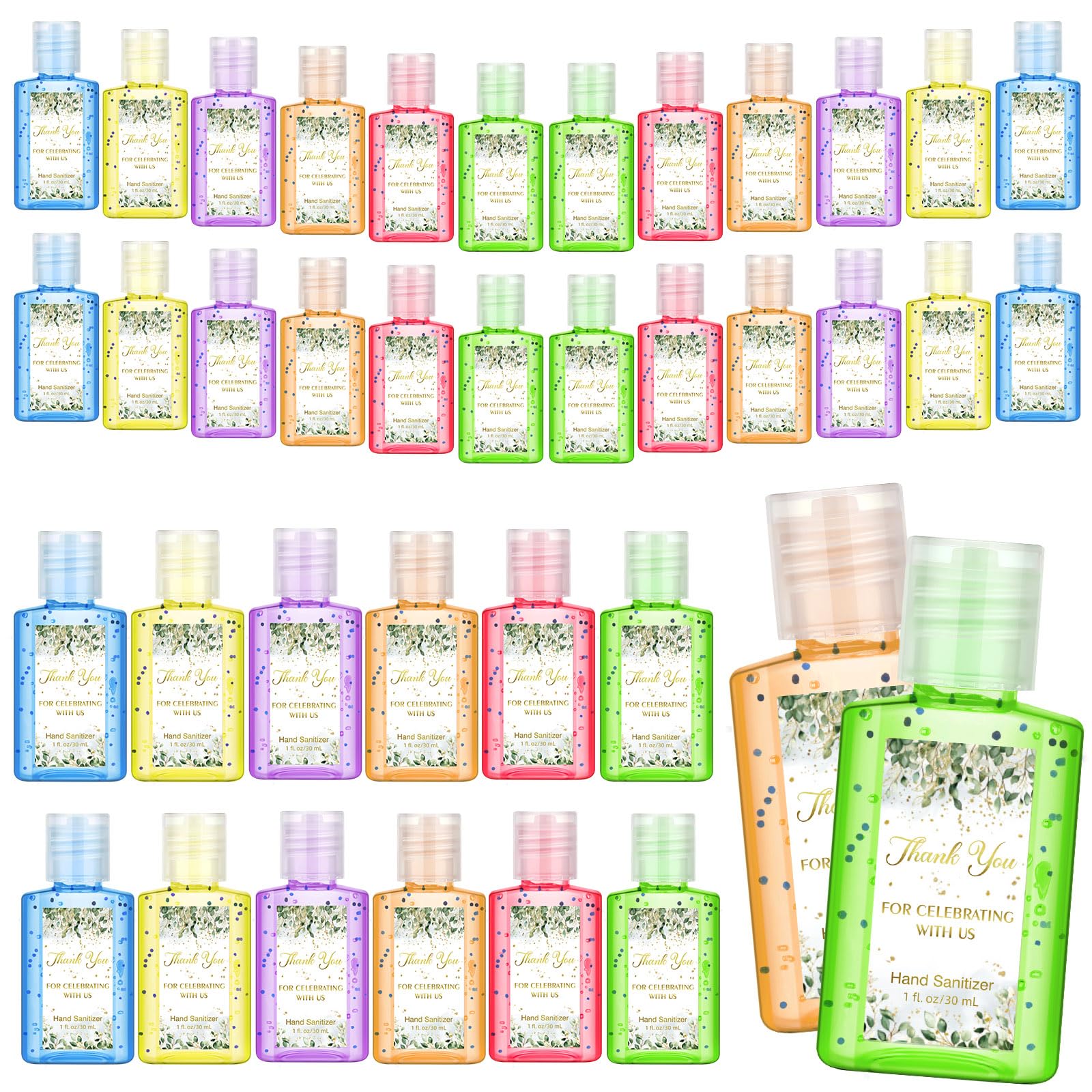 Gejoy Thank You hand sanitizer label close-up with eucalyptus sticker; ideal party keepsake.