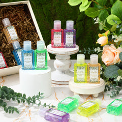 Gejoy scented hand sanitizers on a tray offer variety.