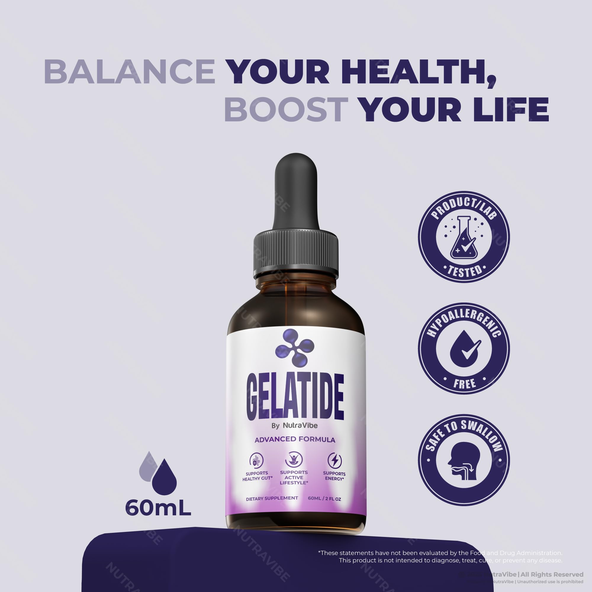 Gelatide Advanced Formula bottle emphasizing upgraded balance support