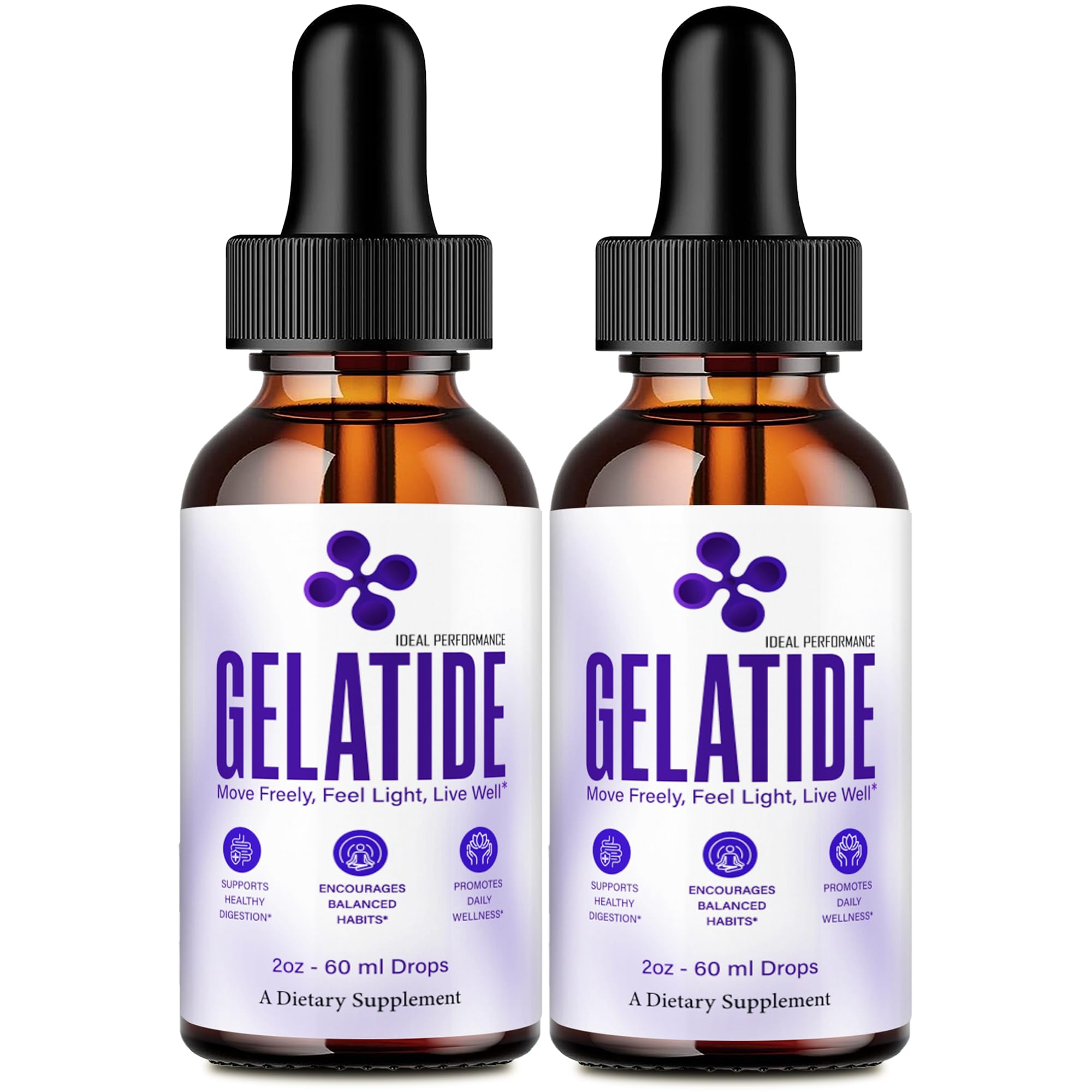 Gelatide Drops bottle front shows the official IDEAL PERFORMANCE formula for keto-friendly use.