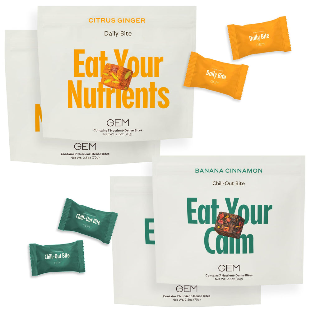 GEM Cognition Bundle daily bite bottle front shows plant-based bites for focus support.