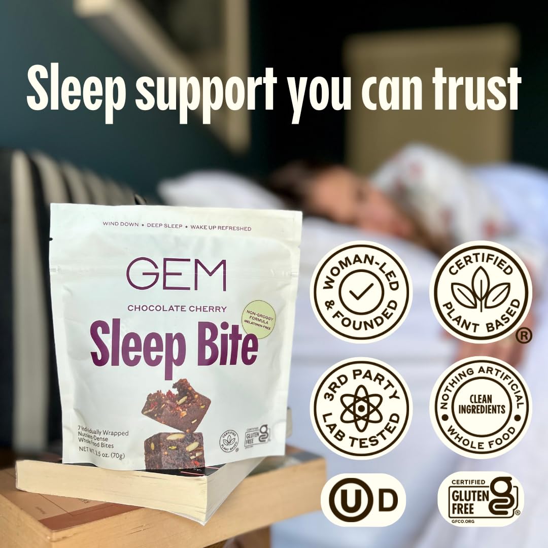 Serving size shown: one real food bite per night with GEM Sleep Aid.