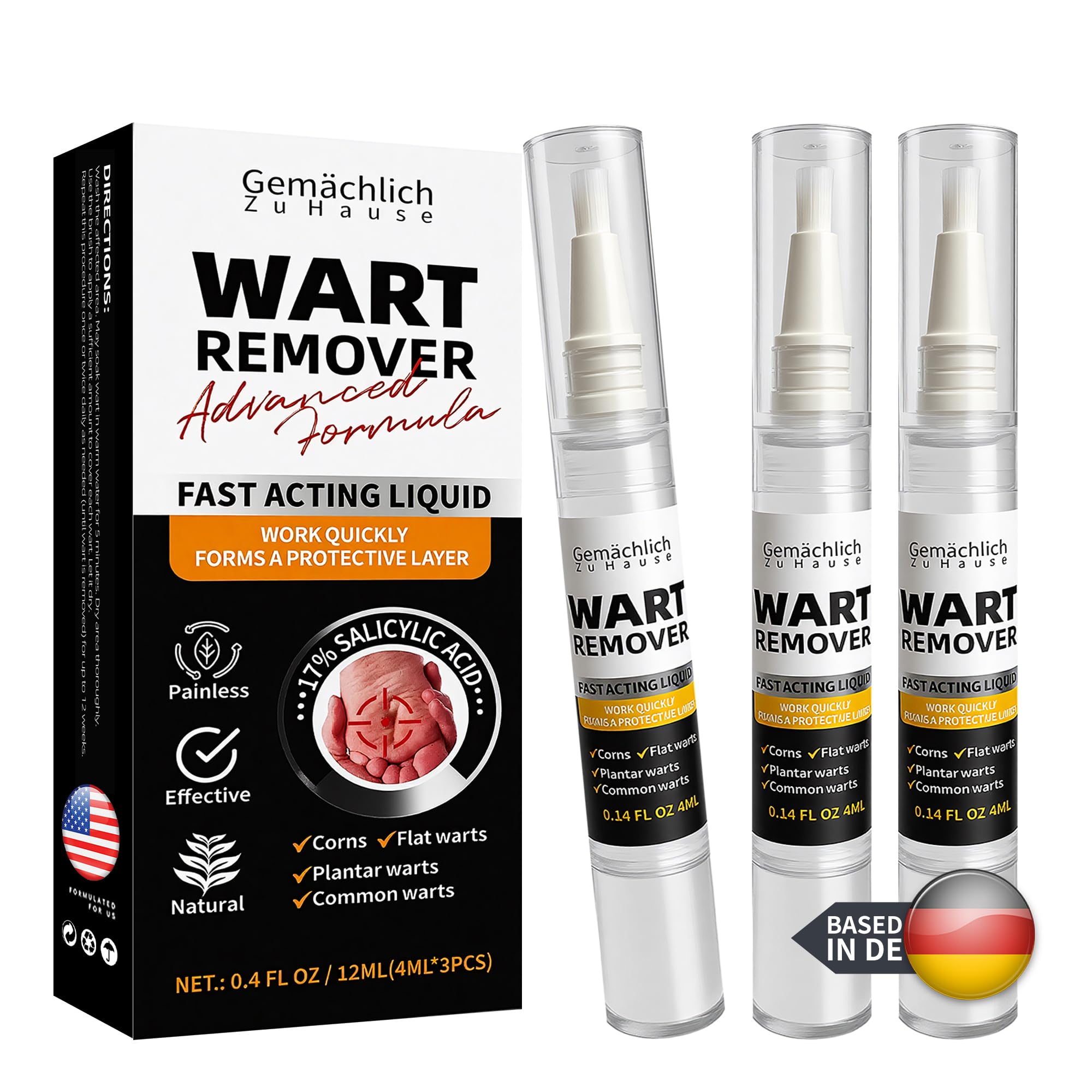 Geme4chlich Zu Hause Wart Remover pen applies precisely to the wart for targeted treatment.