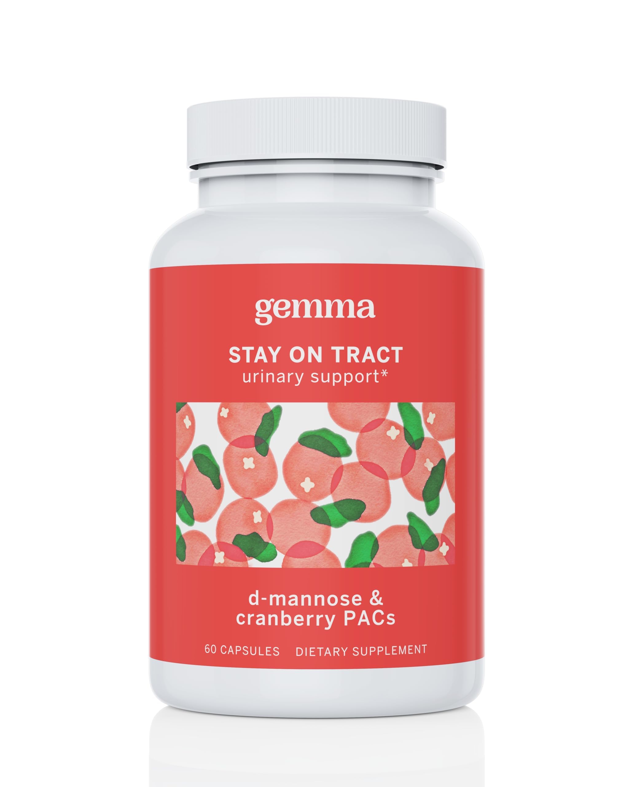 Gemma Stay On Tract cranberry PACs bottle front for daily urinary wellness.