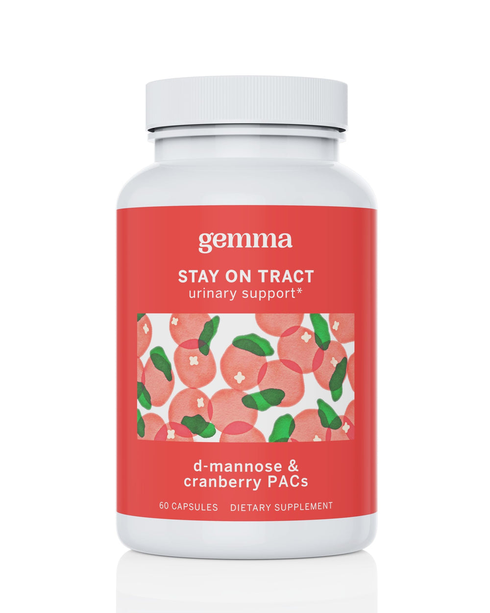 Gemma Stay On Tract cranberry PACs bottle front for daily urinary wellness.
