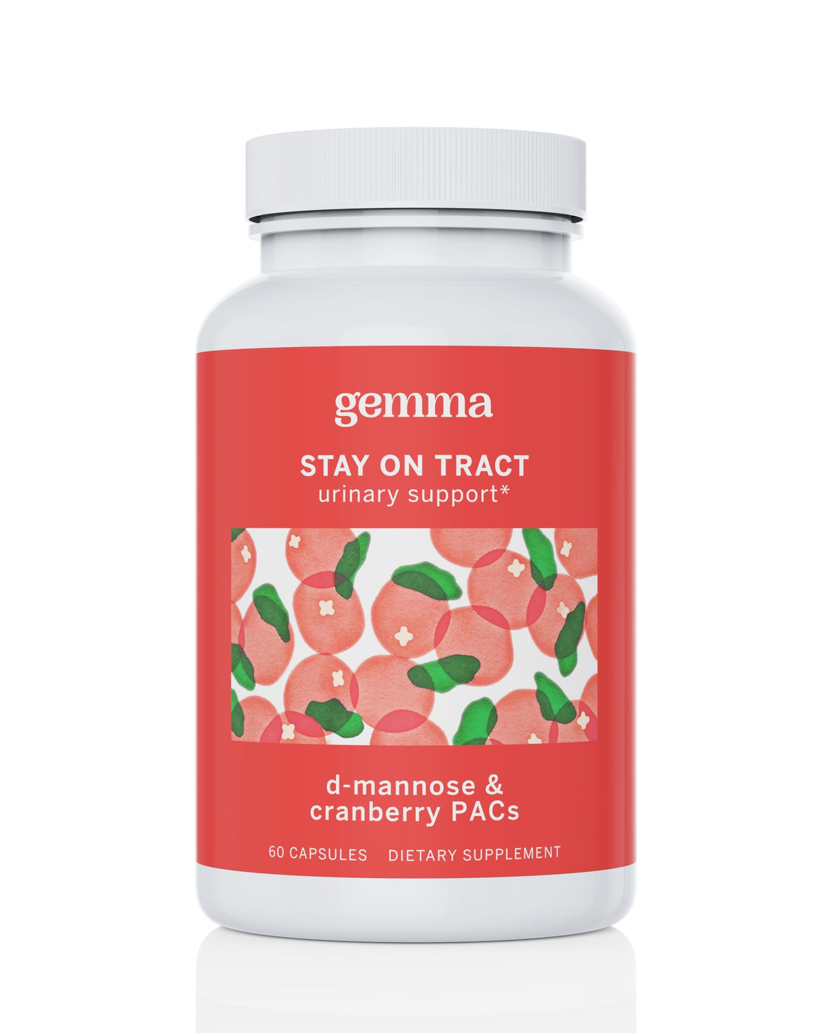 Gemma Stay On Tract cranberry PACs bottle front for daily urinary wellness.